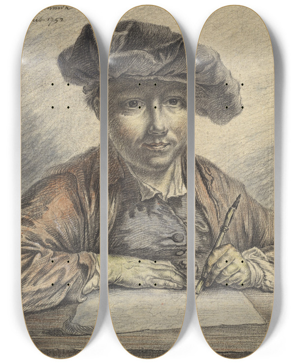 Triptych art skateboard deck of Georg Friedrich Schmidt Selfportrait Sketching by Georg Friedrich Schmidt (1712-1775)