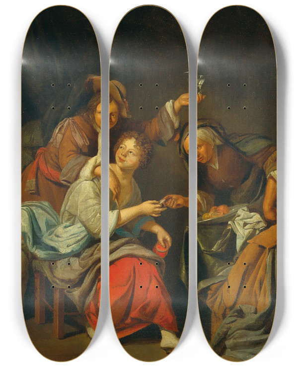 Triptych art skateboard deck of Jacob Toorenvliet A Brothel Scene by Jacob Toorenvliet (1640-1719)