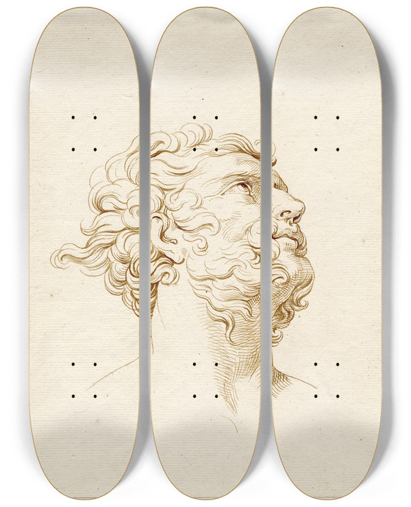 Triptych art skateboard deck of David Humbert De Superville Mannenkop Met Bakkebaarden En Knevel Omhoogkijkend by David Humbert De Superville (1770-1849)