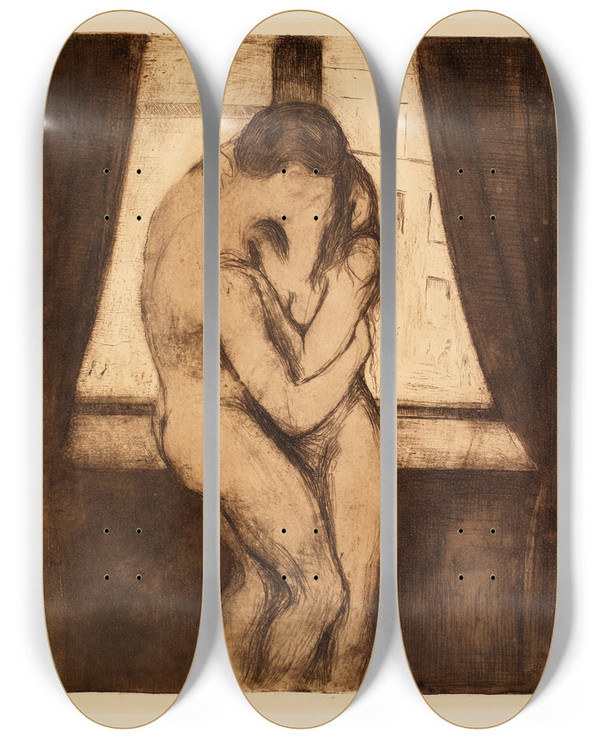 Triptych art skateboard deck of Edvard Munch The Kiss_1 by Edvard Munch (1863-1944)