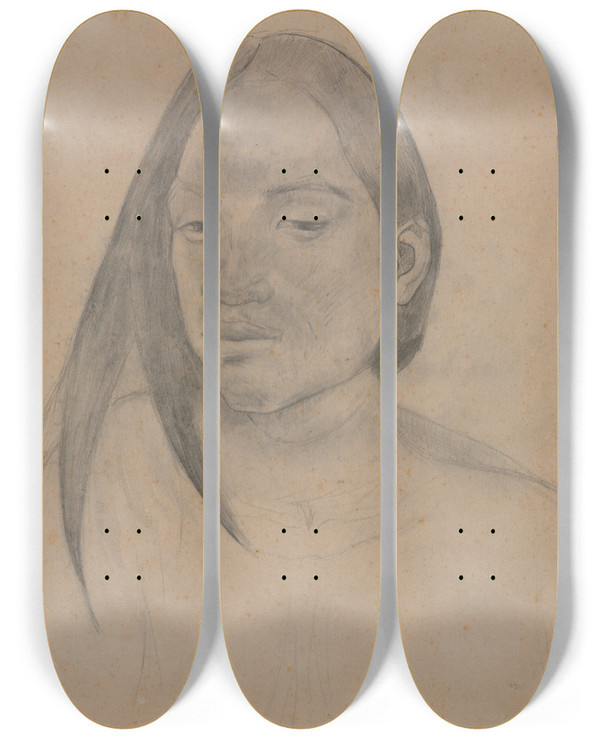 Triptych art skateboard deck of Paul Gauguin Head Of A Tahitian Woman_1 by Paul Gauguin (1848-1903)