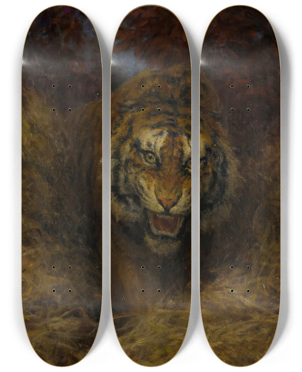 Triptych art skateboard deck of William Huggins Tiger In The Grass by William Huggins (1820-1884)