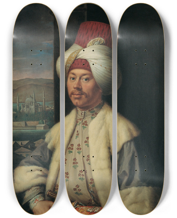 Triptych art skateboard deck of Antoine De Favray A European In Turkish Costume_1 by Antoine De Favray (1706-1798)