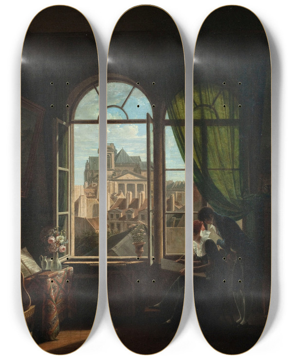 Triptych art skateboard deck of Louise Adone Drlling Intrieur Dartiste Avec Vue Sur La Faade De Lglise De Sainteustache by Louise Adeone Drolling (1797-1834)