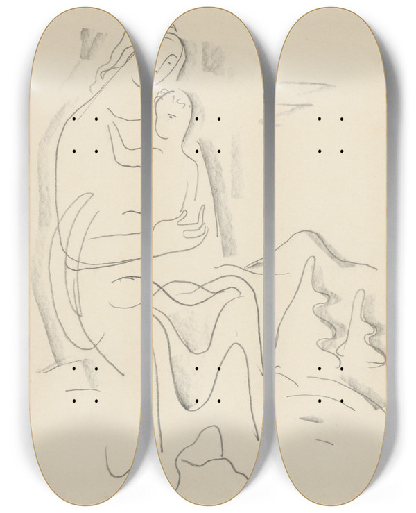 Triptych art skateboard deck of Mikul Galanda Motherhood by Mikulas Galanda (1895-1938)