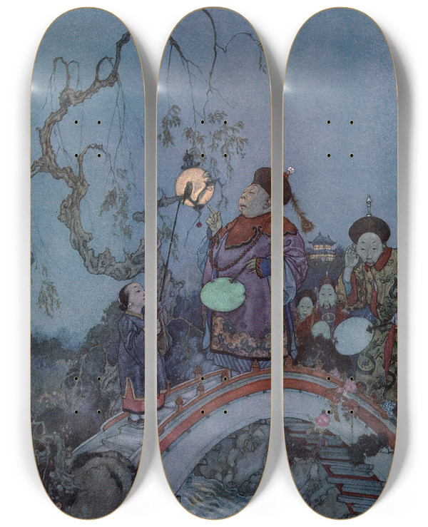 Triptych art skateboard deck of Edmund Dulac The Nightingale Pl 2 by Edmund Dulac (1882-1953)