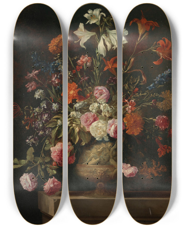 Triptych art skateboard deck of Mario Nuzzi Lilies Carnations Roses And Other Flowers In A Gilt Urn With Bas Relief On A Stone Ledge by Mario Nuzzi (1603-1673)