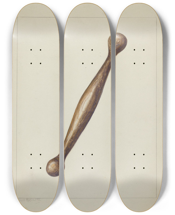 Triptych art skateboard deck of Maud M Holme Spinning Stick by Maud M Holme