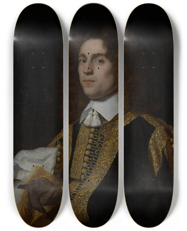 Triptych art skateboard deck of Bartholomeus Van Der Helst Portrait Of A Young Man In Military Costume by Bartholomeus van der Helst (1613-1670)