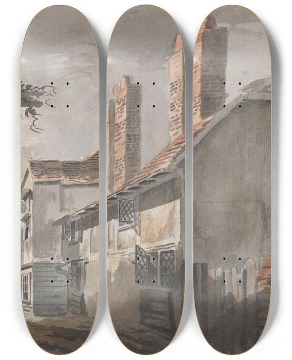 Triptych art skateboard deck of James Miller View Of A Building With Chimneys by James Miller (1773-1814)