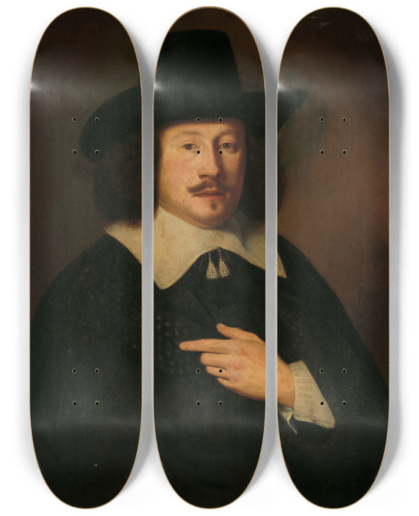 Triptych art skateboard deck of Pieter Dubordieu Portrait Of A Man by Pieter Dubordieu (1609-1678)