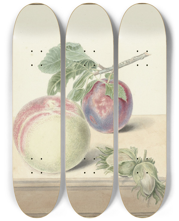Triptych art skateboard deck of Elisabeth Geertruida Van De Kasteele Perzik Een Pruim Met Blad En Een Paar Noten After Michiel Van Huysum by Elisabeth Geertruida Van De Kasteele (1818-1853)