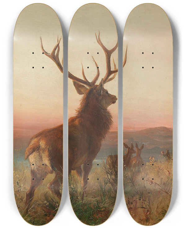 Triptych art skateboard deck of Carl Friedrich Deiker Kapitaler Hirsch Mit Tieren by Carl Friedrich Deiker (1836-1892)