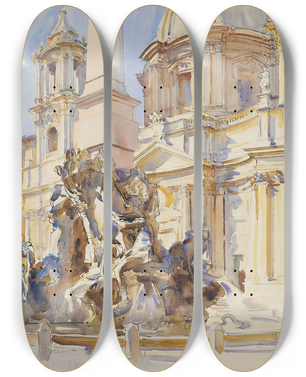 Triptych art skateboard deck of John Singer Sargent Piazza Navona Rome by John Singer Sargent (1856-1925)