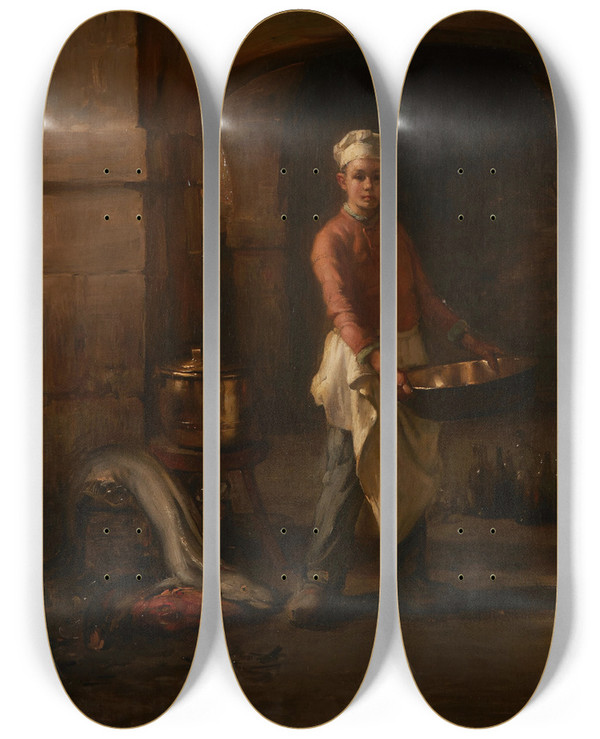 Triptych art skateboard deck of Joseph Bail The Kitchen Boy by Joseph Bail (1862-1921)