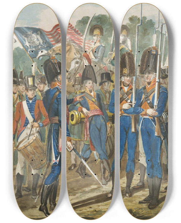 Triptych art skateboard deck of John Lewis Krimmel Members Of The City Troop And Other Philadelphia Soldiery by John Lewis Krimmel (1786-1821)