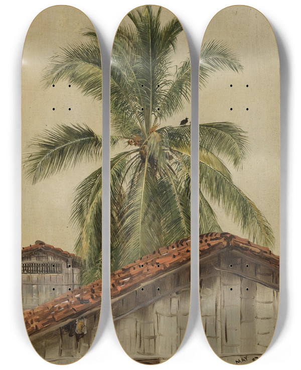 Triptych art skateboard deck of Frederic Edwin Church Palm Trees And Housetops Ecuador by Frederic Edwin Church (1826-1900)