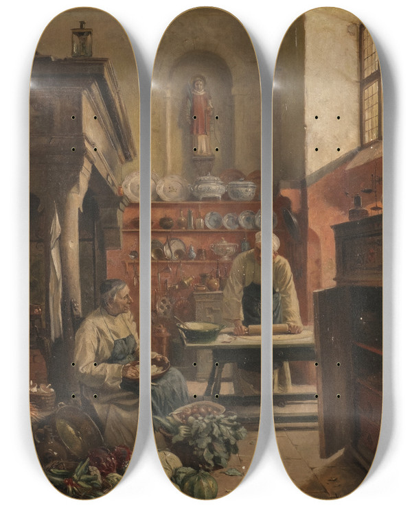 Triptych art skateboard deck of Vincent Stoltenberg Lerche Two Monks In The Monastery Kitchen by Vincent Stoltenberg Lerche (1837-1892)