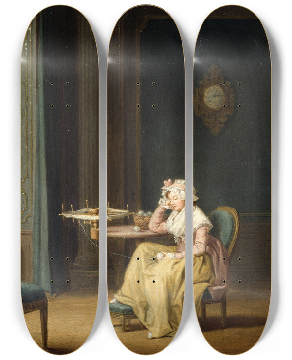Triptych art skateboard deck of Pehr Hillestrm The Wool Winder by Pehr Hillestrom (1732-1816)