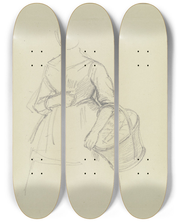 Triptych art skateboard deck of Jakob Becker Woman With Basket by Jakob Becker (1810-1872)