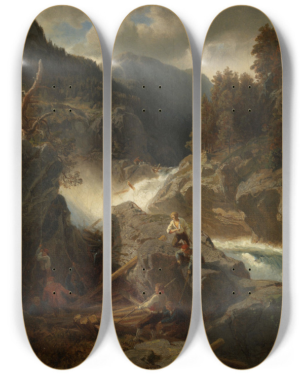 Triptych art skateboard deck of Hans Gude Waterfall In Hallingdal_2 by Hans Gude (1825-1903)
