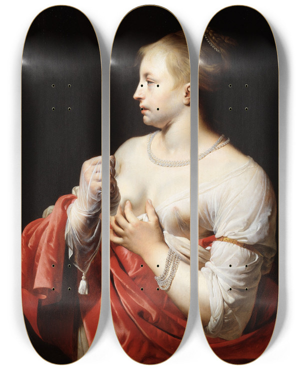 Triptych art skateboard deck of Caesar Van Everdingen Female Figure Possibly Lucretia by Caesar Van Everdingen (1617-1678)