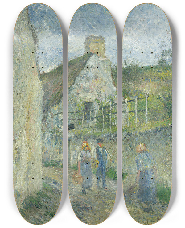 Triptych art skateboard deck of Camille Pissarro Rue Des Roches Au Valhermeil Auvers Sur Oise by Camille Pissarro (1830-1903)