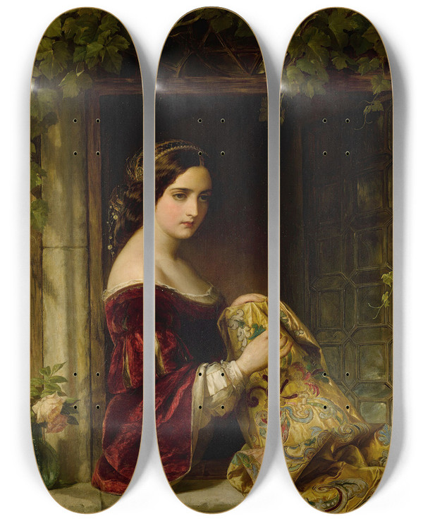 Triptych art skateboard deck of Thomas Francis Dicksee Waiting by Thomas Francis Dicksee (1819-1895)