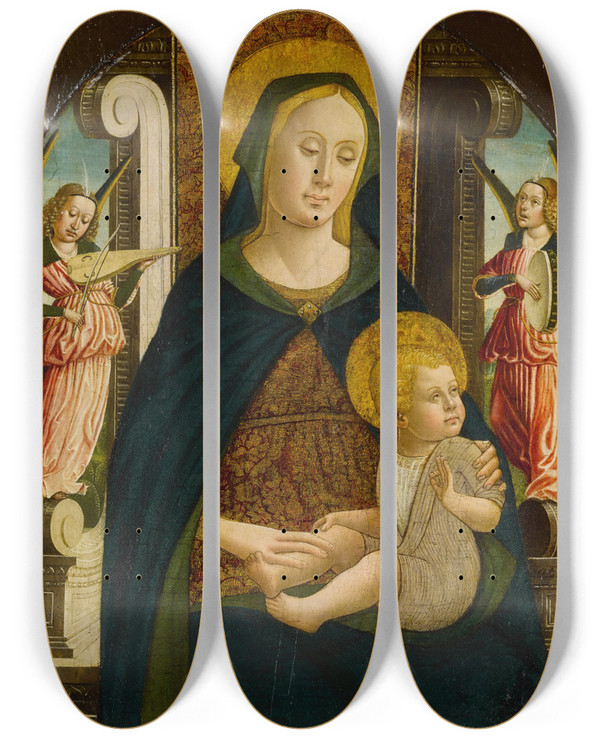 Triptych art skateboard deck of Giovanni Mazone Madonna And Child Enthroned With Two Angels by Giovanni Mazone (1453-1510)