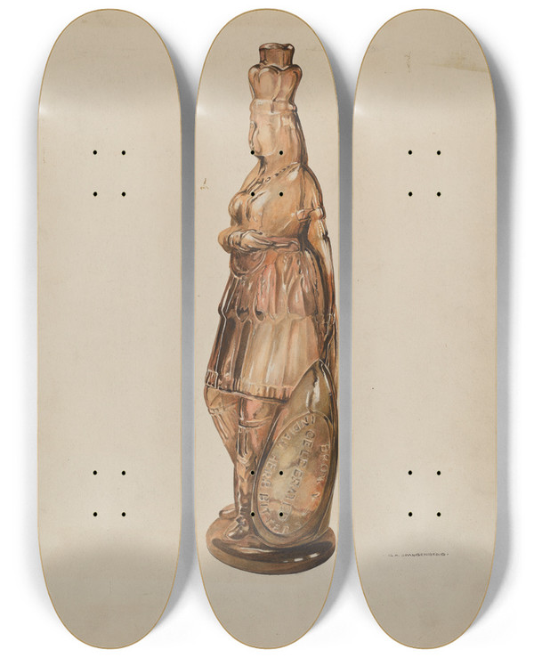 Triptych art skateboard deck of Ga Spangenberg Indian Maiden Bitters Bottle by G.A. Spangenberg
