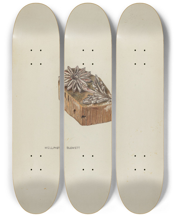 Triptych art skateboard deck of Wellington Blewett Resist Pattern Daisy by Wellington Blewett (20-)