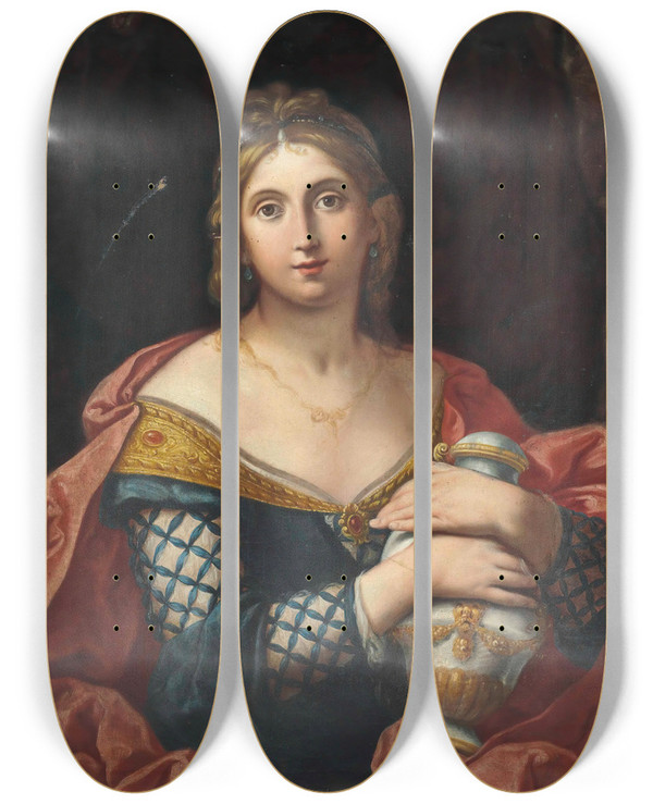 Triptych art skateboard deck of Elisabetta Sirani Portrait Of A Lady Halflength As Pandora Or Artemisia by Elisabetta Sirani (1638-1665)