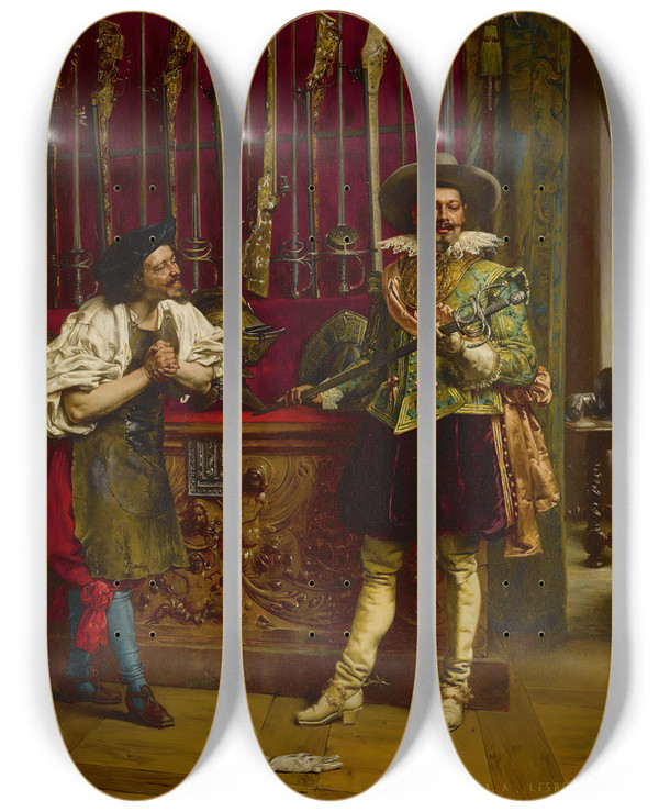 Triptych art skateboard deck of Adolphealexandre Lesrel At The Swordsmiths by Adolphe Alexandre Lesrel (1839-1929)