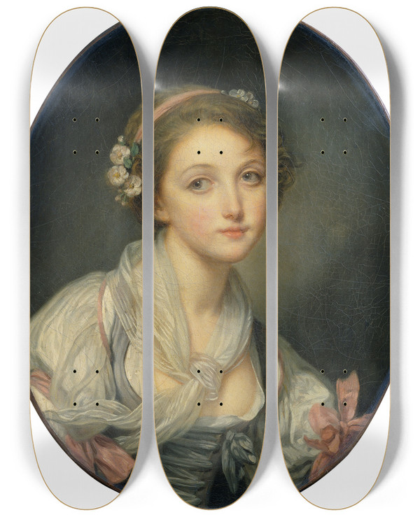Triptych art skateboard deck of Jeanbaptiste Greuze Girl With A Gauze Scarf by Jean-Baptiste Greuze (1725-1805)