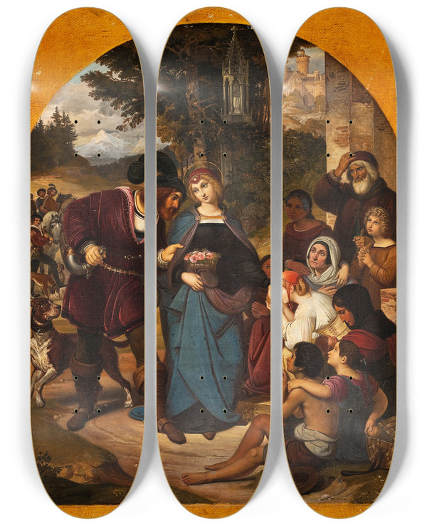 Triptych art skateboard deck of August Hopfgarten The Miracle Of St Elizabeth by August Hopfgarten (1807-1896)