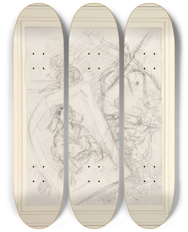 Triptych art skateboard deck of Celestin Nanteuil Woman Andwindmill by Celestin Nanteuil (1813-1873)