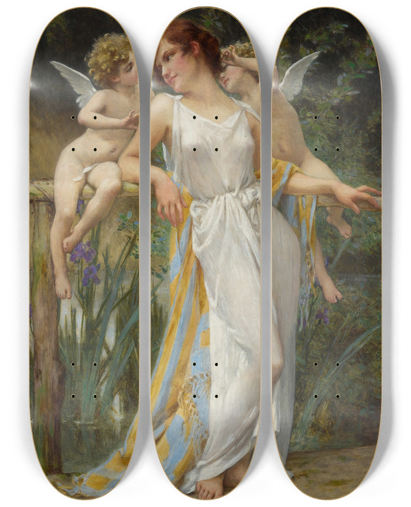 Triptych art skateboard deck of Guillaume Seignac Psyche With Putti by Guillaume Seignac (1870-1924)