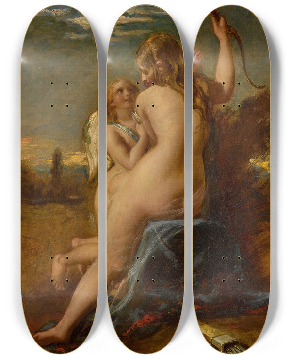 Triptych art skateboard deck of William Etty Venus Relieving Cupid Of His Bow by William Etty (1787-1849)