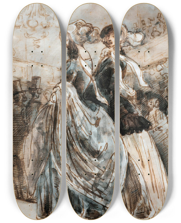 Triptych art skateboard deck of Constantin Guys At The Promenoir by Constantin Guys (1805-1892)