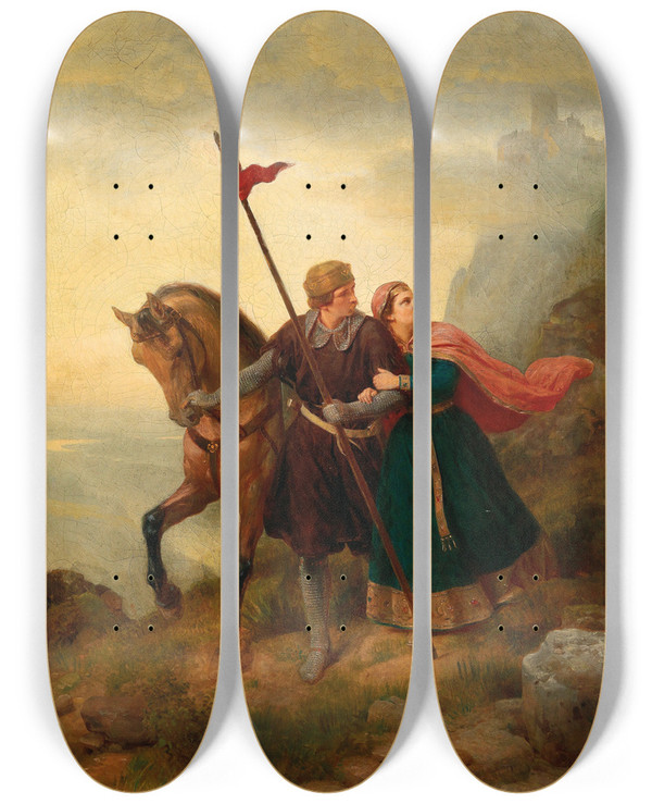 Triptych art skateboard deck of Karl Friedrich Lessing Walther And Hildegund Fleeing by Karl Friedrich Lessing (1808-1880)