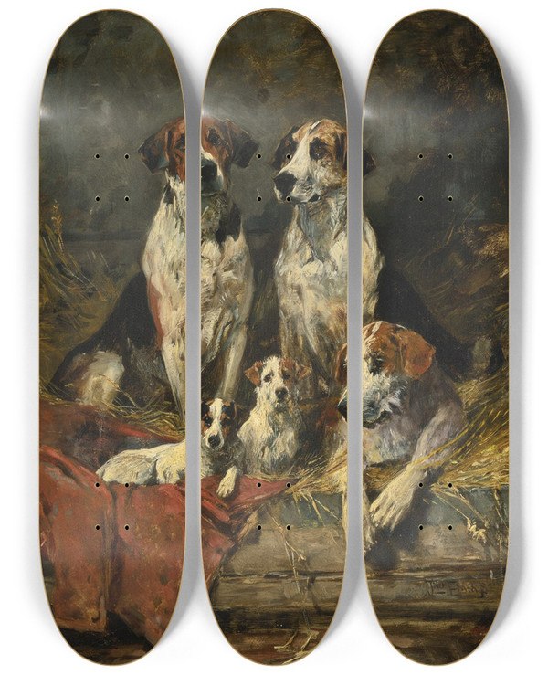 Triptych art skateboard deck of John Emms Four Foxhounds And A Terrier by John Emms (1843-1912)