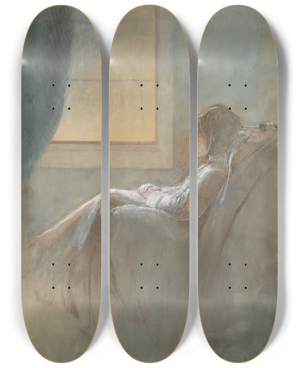 Triptych art skateboard deck of Ladislav Mednynszky Old Woman Sitting by Ladislav Mednyanszky (1852-1919)