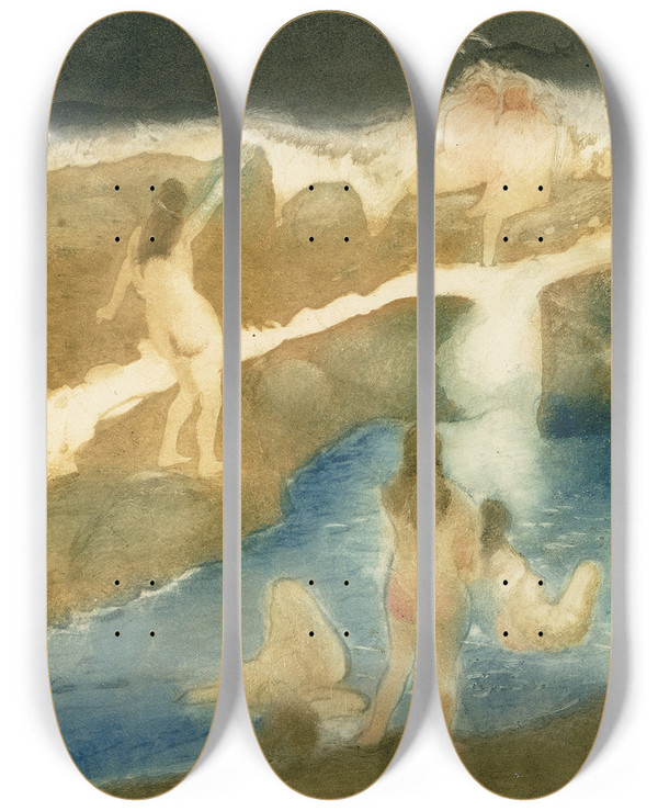 Triptych art skateboard deck of George Overbury Hart Sea Waves by George Overbury Hart (1868-1933)