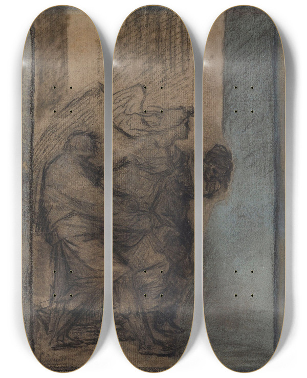 Triptych art skateboard deck of Pierrepaul Prudhon Nmsis Partie De Thmis Et Nmsis by Pierre-Paul Prud'hon (1758-1823)