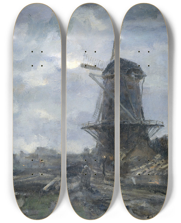 Triptych art skateboard deck of Jacob Maris Molen Bij Maanlicht by Jacob Maris (1837-1899)