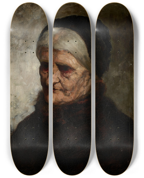 Triptych art skateboard deck of Robert Koehler Head Of An Old Woman by Robert Koehler (1850-1917)