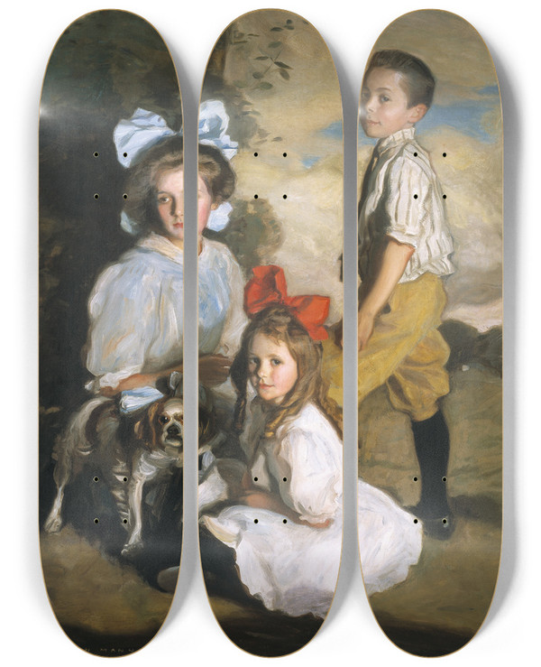 Triptych art skateboard deck of Harrington Mann Portrait Of Three Knox Children by Harrington Mann (1864-1937)