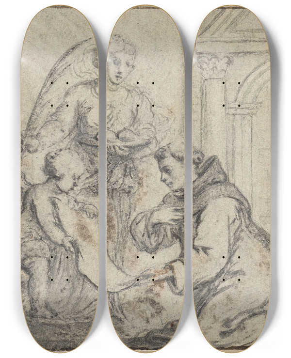 Triptych art skateboard deck of Abraham Van Diepenbeeck Ein Mnch Kniet Vor Einem Groen Engel Der Eine Palme Hlt Und Einem Kleinen Der Eine Groe Papierrolle Hlt by Abraham Van Diepenbeeck (1596-1675)