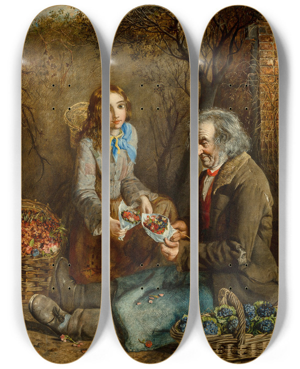 Triptych art skateboard deck of John Anster Fitzgerald The Flower Seller And His Daughter by John Anster Fitzgerald (1819-1906)