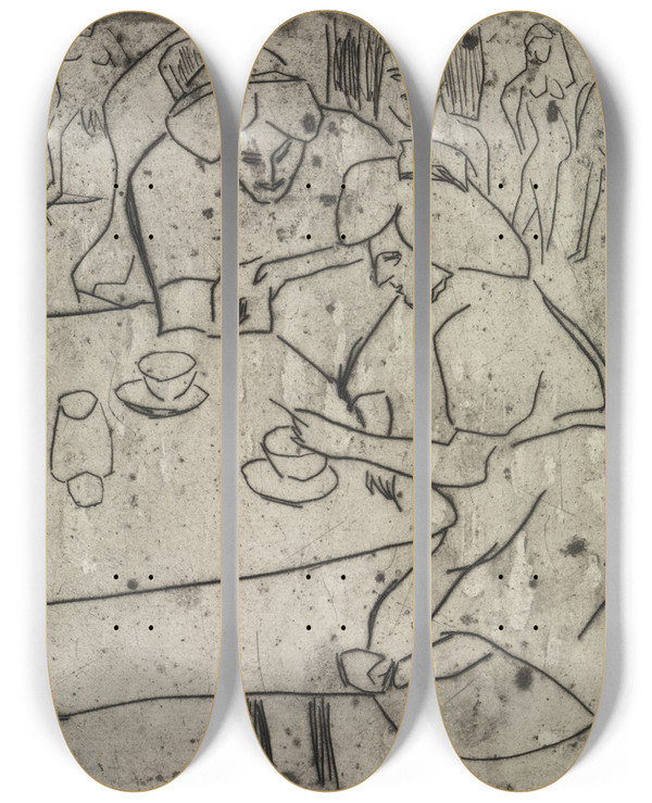 Triptych art skateboard deck of Ernst Ludwig Kirchner Mdchen Einer Anderen Den Bauch Frottierendmdchen Am Kaffeetisch by Ernst Ludwig Kirchner (1880-1938)